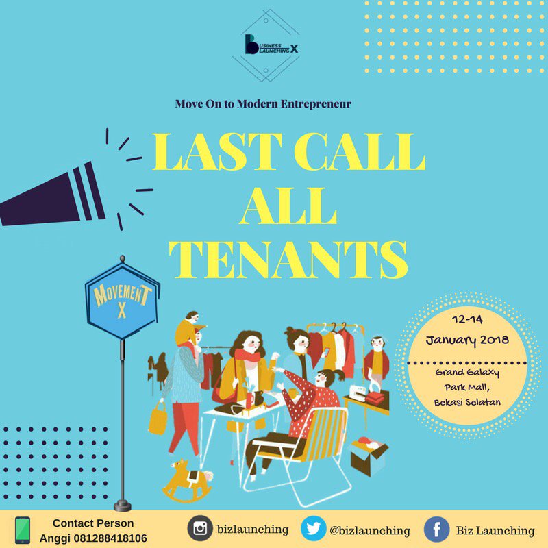 It's last call registration for tenant
contact person or email  ☎️ Anggi : 081288418106
📬 email : bluaifest@gmail.com / bluaifestival@gmail.com 
We have special offers for tenant who join with us , join at bazar business launching 
Business Launching X is waiting for you