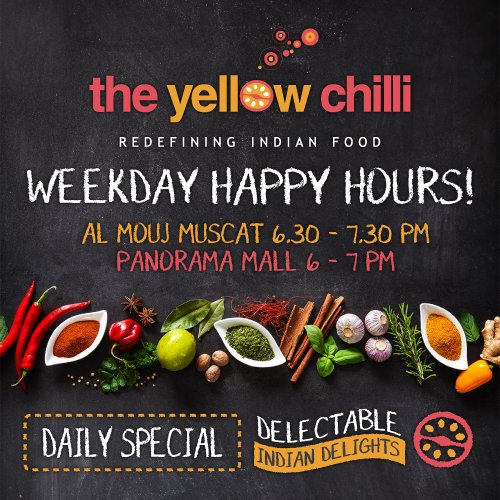 yellowchilliom's tweet photo. Beat the #JanuaryBlues with WEEKDAY HAPPY HOURS @yellowchilliom 😄 😄 😄  Fine Indian cuisine at great value! #Muscat #Oman https://t.co/I9XcguYnhI