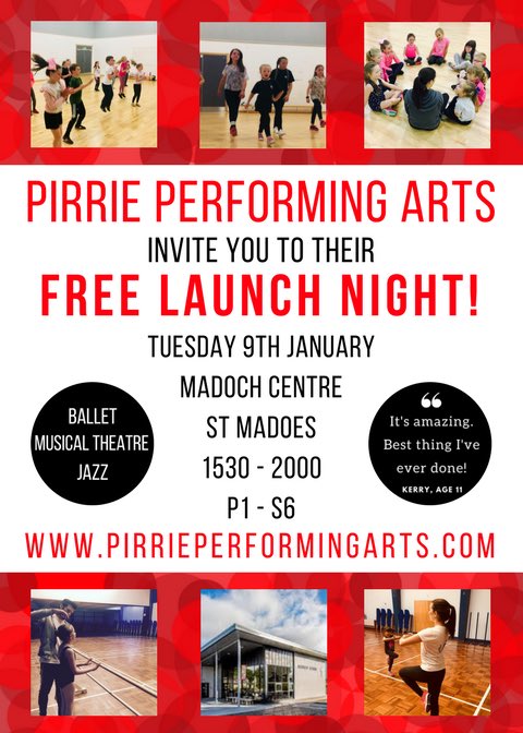 Do you have a budding performer in the family? #PirriePerformingArts are opening in #Perthshire 
FREE launch night, Tuesday 9th Jan 2018
Madoch Centre, St Madoes
Try our classes in Jazz, Musical Theatre and Ballet! P1-S6
pirrieperformingarts.com