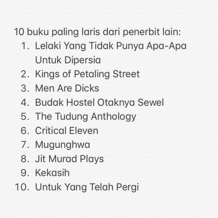 KedaiFixi's tweet photo. 10 Bestseller dari penerbit lain sepanjang minggu ini. Terima kasih! @RealRomanBuku @FixiLondon @NeonTerbit @DuBookPress @mataharibooks @LejenPress @rumahripta https://t.co/ONDmBzffLb