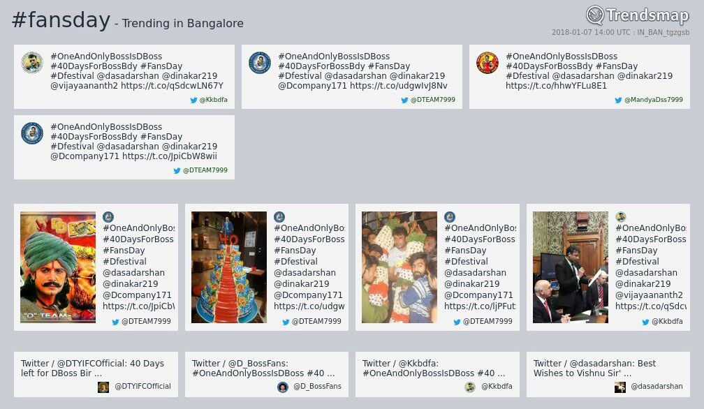 Dcompany171's tweet photo. Total 9 Hash is Trending in Twitter Today.
#OneAndOnlyBossIsDBoss
#40DaysForBossBdy
#FansDay
#Dfestival
#ChakravarthyPremierShow
#ChakravarthyJan14OnUdayaTv
#ಡಿಬಾಸ್
#ChallengingStarDarshan
#D48 is now trending in #Bangalore
@dasadarshan @dinakar219 https://t.co/YhenarTySg