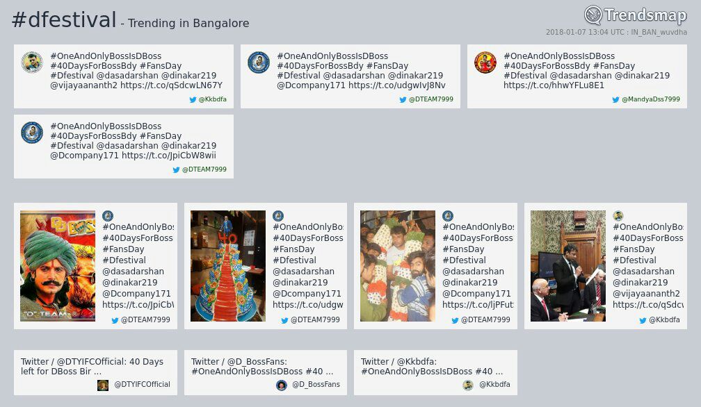 Dcompany171's tweet photo. Total 9 Hash is Trending in Twitter Today.
#OneAndOnlyBossIsDBoss
#40DaysForBossBdy
#FansDay
#Dfestival
#ChakravarthyPremierShow
#ChakravarthyJan14OnUdayaTv
#ಡಿಬಾಸ್
#ChallengingStarDarshan
#D48 is now trending in #Bangalore
@dasadarshan @dinakar219 https://t.co/YhenarTySg