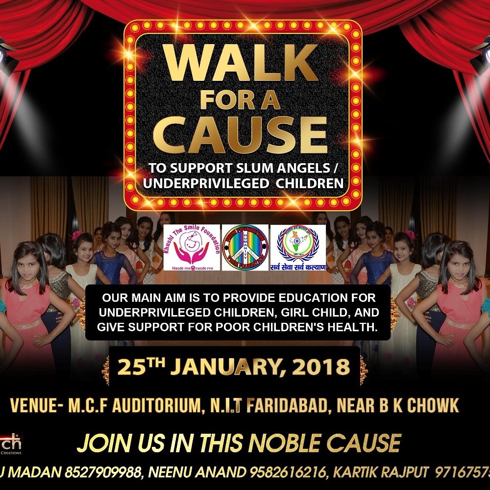KhushiTheSmile1's tweet photo. Walk for a Cause - To support Slum angels and Underprivileged Children
In association with #khushithesmilefoundation #Premfoundation
Date :- #25thJanuary2k18
Venue :- #McfAuditorium, #Faridabad
Join us in this noble cause https://t.co/BLczksVEHj