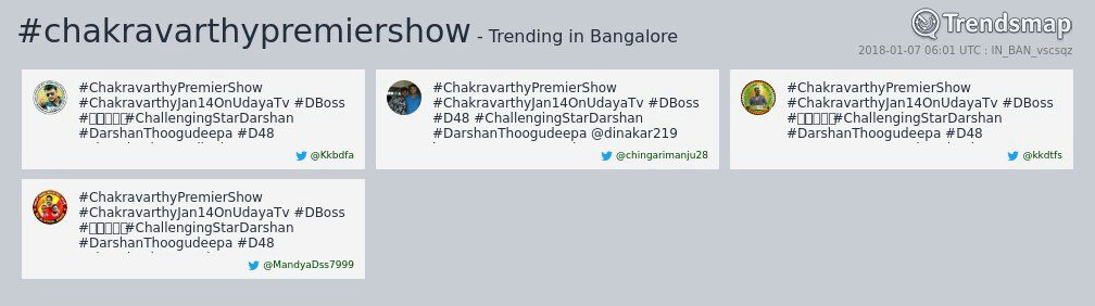 Dcompany171's tweet photo. Total 9 Hash is Trending in Twitter Today.
#OneAndOnlyBossIsDBoss
#40DaysForBossBdy
#FansDay
#Dfestival
#ChakravarthyPremierShow
#ChakravarthyJan14OnUdayaTv
#ಡಿಬಾಸ್
#ChallengingStarDarshan
#D48 is now trending in #Bangalore
@dasadarshan @dinakar219 https://t.co/DYfUNEYQlX