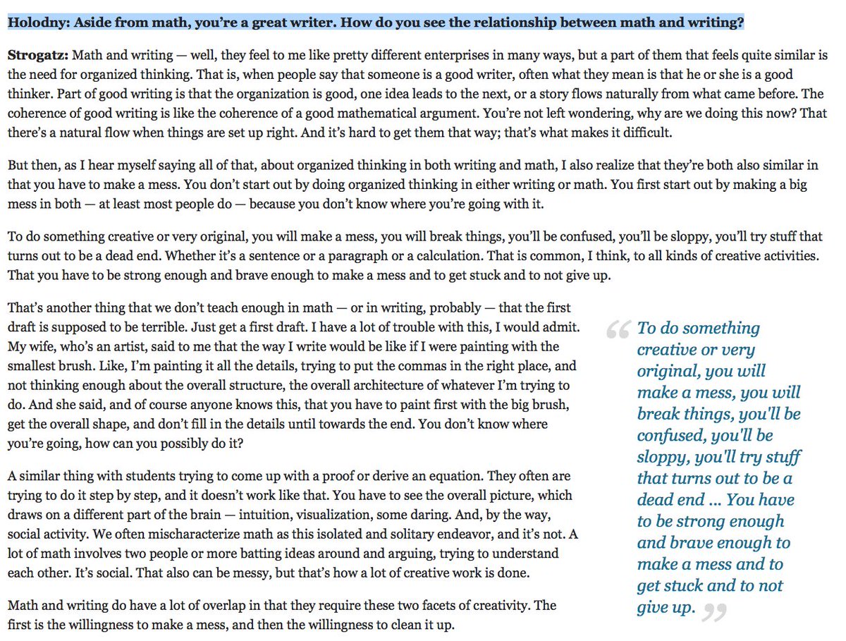 A GREAT question with a remarkably insightful answer. Writers, read this. buff.ly/2Eh9LCy @ElenaHolodny @stevenstrogatz