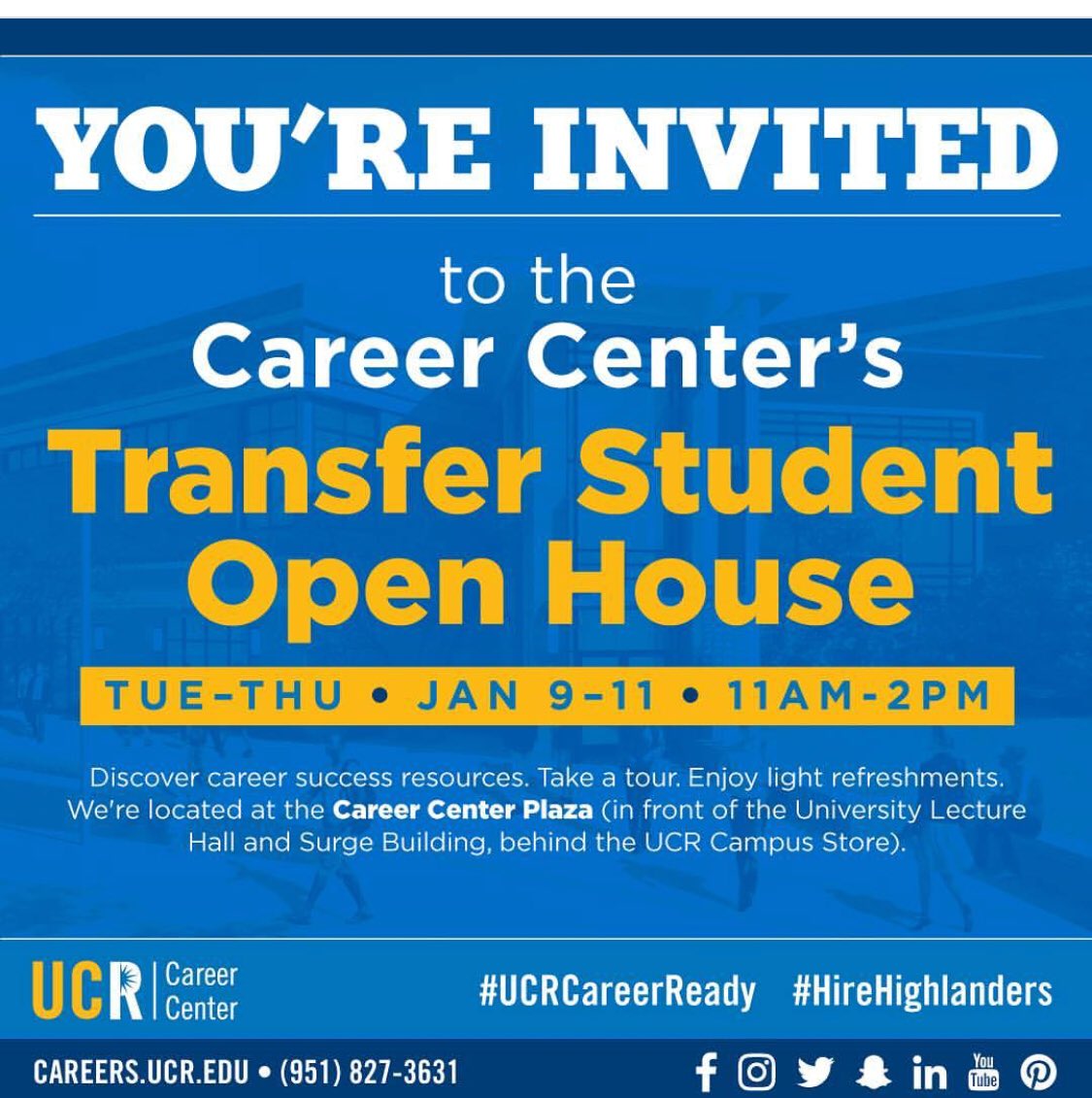 Hey #UCR if you are a transfer student then be sure to check out the @ucrcareercenter Open House this week!