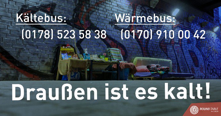 RT44Berlin's tweet photo. Passt auf Eure Nachbarn auf ★
Die Außentemperaturen nähern sich wieder den 0° Grad an und es wird kalt.

Schnelle Hilfe über:
★ WÄRMEBUS: 0170 910 00 42
★ KÄLTEBUSSE: 0178 523 58 38
★ BEI AKUTER GEFÄHRDUNG: 110 oder 112

https://t.co/3Z1ZK45Um6
#Berlin #RT44 #weilwirdasmachen https://t.co/AEbYzR65R3
