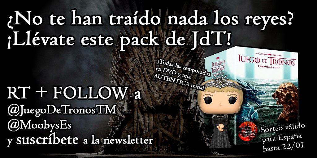 #SORTEO

Llévate este PACK de #JuegoDeTronos (Temporadas de la 1 a la 7) + Funko POP de Cersei Lannister (Reina de los 7 Reinos) 

RT + FOLLOW + SUSCRIPCIÓN A LA NEWSLETTER ➡️moobys.es/suscribete-a-n… …

Síguenos: <a href="/JuegoDeTronosTM/">Atenea ❤️</a> y <a href="/MoobysEs/">Moobys.es</a>