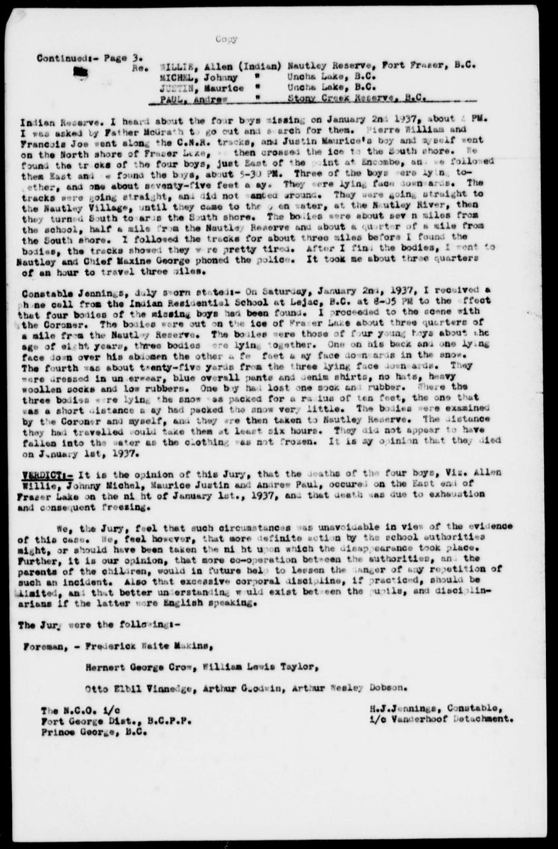 NCTR_UM's tweet photo. Jan. 7, 1937 - The full report from the Coroner's Inquest. It recounts the events, discipline, witness testimony from a priest who said "Nothing was done until the next morning" and the verdict: "circumstances was unavoidable". Archive ID: R00004970 #thefourboysofLejac #TruthB4 https://t.co/Vr582PA9Zy