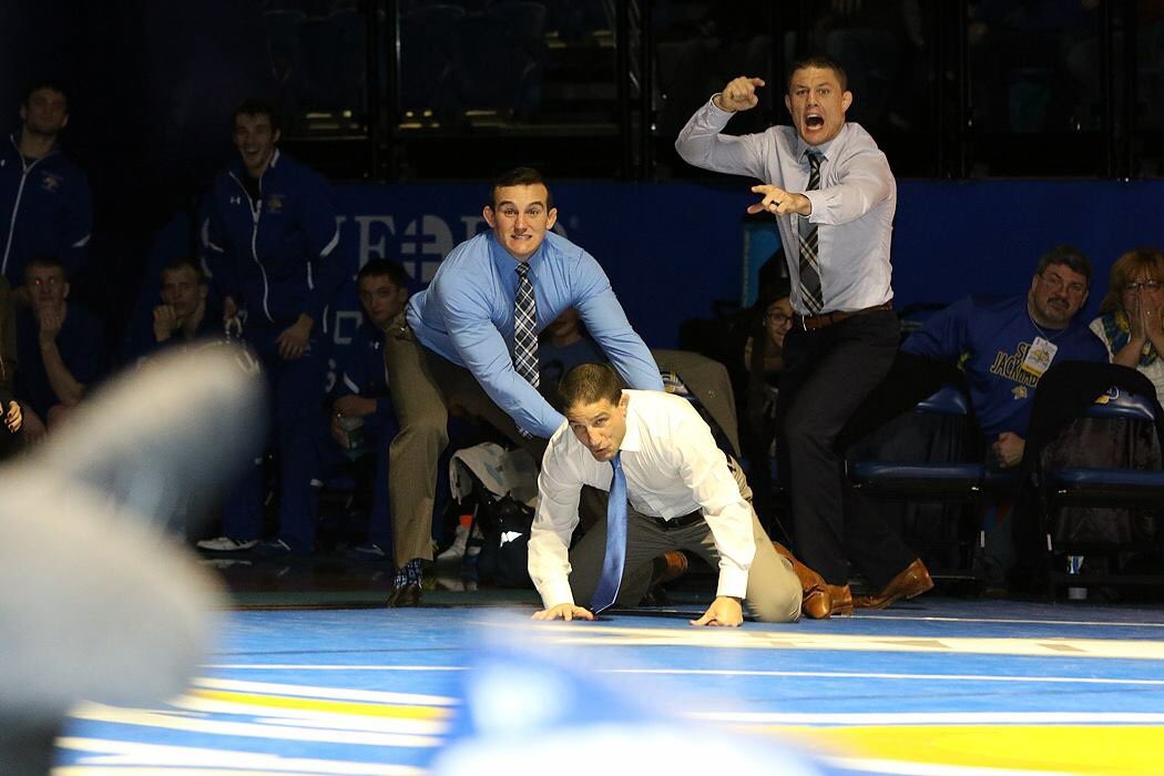 GoJacksWrestle's tweet photo. You won't find a more passionate coaching staff than these guys. They go ALL IN! 😂😝 #GetJacked #11thMan https://t.co/Tn8KGMpdL4