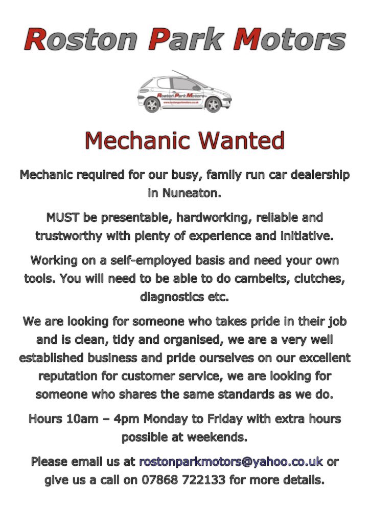 RostonParkMotor's tweet photo. #nuneaton #jobsinnuneaton #mechanicwanted #nuneatonjobs #hinckley #bedworth #burbage #weddington #stoneystanton #rostonparkmotors #barwell #earlshilton #atherstone #tamworth #rugby https://t.co/FZjmPPwmXH