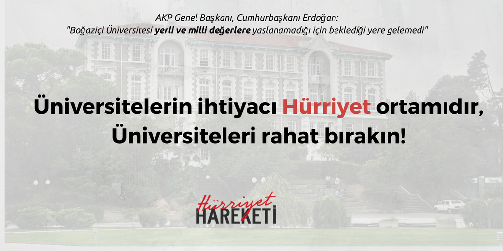 hurriyethareket's tweet photo. Üniversitelerde bilimsel eğitimi, akademik özerkliği sistematik olarak engelleyenlerin Boğaziçi Üniversitesi'ni itibarsızlaştırma çabaları beyhudedir. Üniversitelerin ihtiyacı hürriyet ortamıdır, üniversiteleri kutuplaşma gündemine oturtmaya çalışmak memlekete fayda getirmez. https://t.co/seYPTlUBw8