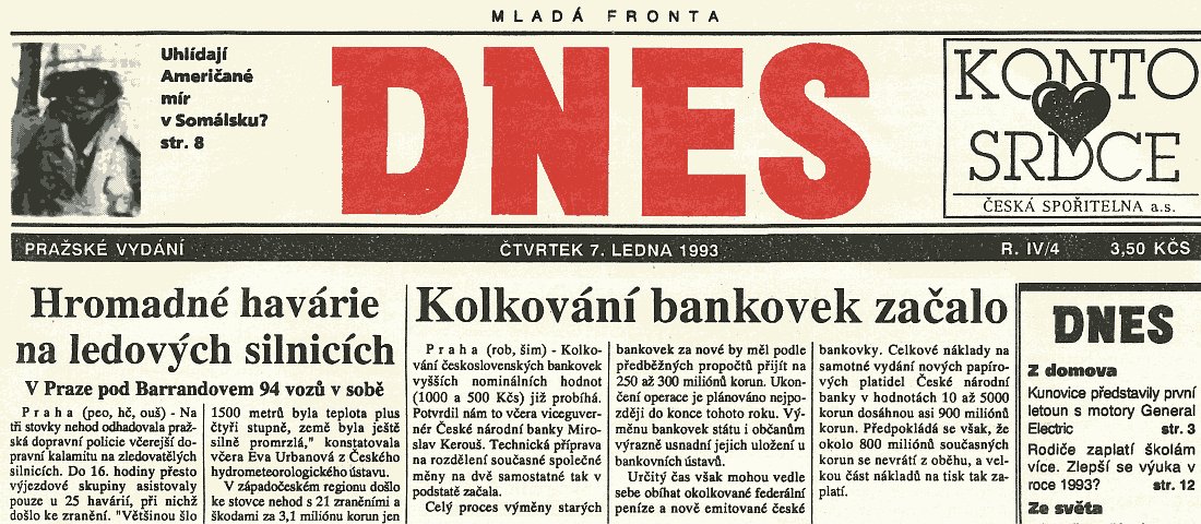 Znovu89's tweet photo. Oddělení měn nastane zřejmě velmi brzy. Natištění nových českých bankovek zaplatí z velké části to, že se z oběhu včas nevrátí kolem 800 miliónů korun. Tak pozor, ať mezi nimi nejsou právě ty vaše. #KonecCeskoslovenska #mfd93 (07.01.1993) https://t.co/G8bxHeh7m8