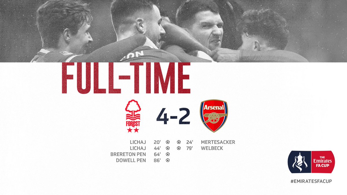 Full-time: #NFFC 4-2 Arsenal (Lichaj 22', 44', Brereton pen 64', Dowell pen 86'); Mertesacker 24', Welbeck 79')

Report and reaction to follow from The City Ground...