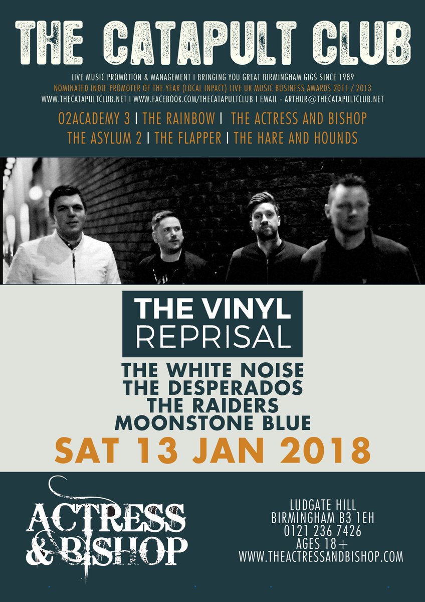 Jan 13 <a href="/TheActressBham/">Actress and Bishop</a>
<a href="/VinylReprisal/">The Vinyl Reprisal</a>
<a href="/_TheWhiteNoise_/">the white noise</a>
The Desperados
<a href="/BandTheRaiders/">The Raiders</a>
Moonstone Blue
#BrumHour via @ArthurTapp #Birmingham