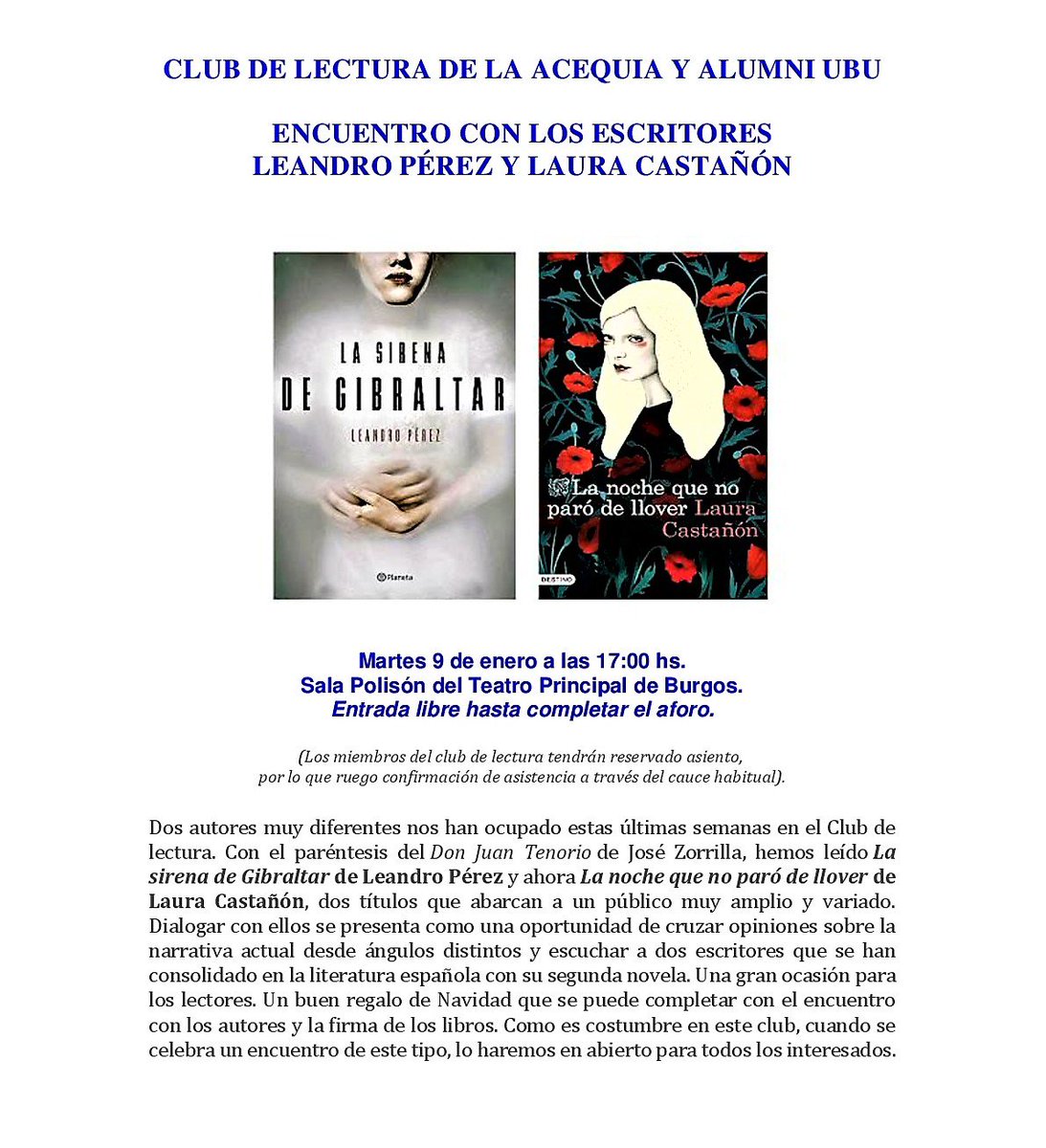 No te pierdas el encuentro del martes 9 en la Sala Polisón de Burgos con los escritores Leandro Pérez y Laura Castañón <a href="/leandropem/">Leandro Pérez</a> <a href="/LauraCastanhon/">Laura Castañón</a> #ClubdelecturadeLaAcequia