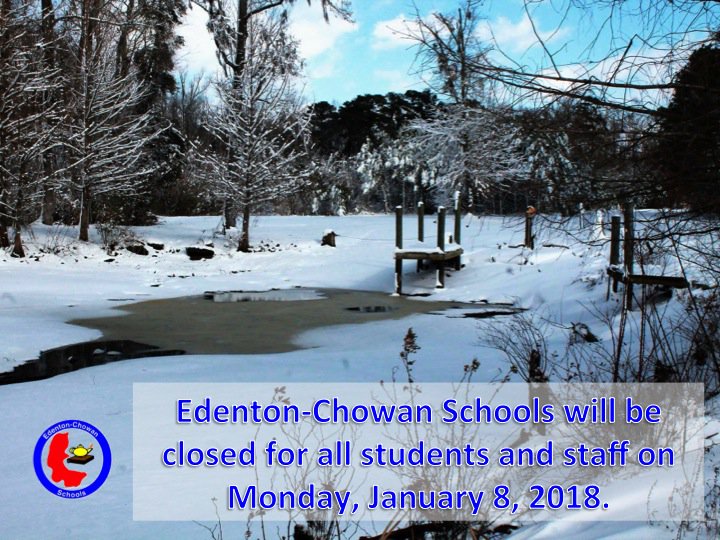 Dr. Rob Jackson (@dr_rob_jackson) on Twitter photo Edenton-Chowan Schools will remain closed for all students and staff on Monday, January 8, 2018, due to road conditions throughout the county. Please be safe and stay warm. Reading is an excellent snow day activity! (Photo Credit Kim Ullom from <a href="/whiteoak_elem/">White Oak Elementary</a>) #WinterStormGrayson Edenton-Chowan Schools will remain closed for all students and staff on Monday, January 8, 2018, due to road conditions throughout the county. Please be safe and stay warm. Reading is an excellent snow day activity! (Photo Credit Kim Ullom from <a href="/whiteoak_elem/">White Oak Elementary</a>) #WinterStormGrayson