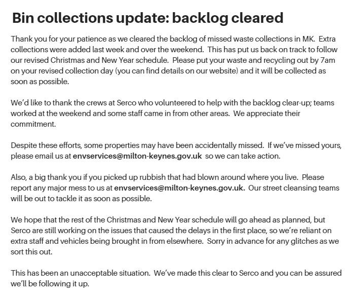 Milton Keynes City Council on Twitter "Bin collection update the