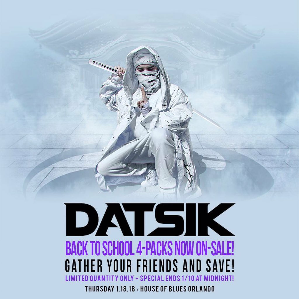 HTG_events's tweet photo. Who dislikes School but likes DEALS?! Well you're lucky for the back to School sale—save big on a 4 pack special for Datsik this Jan 18th! Sale ends 1/10 at Midnight!  https://t.co/KPHGfzHZ8V https://t.co/NvoEoUg1Mq