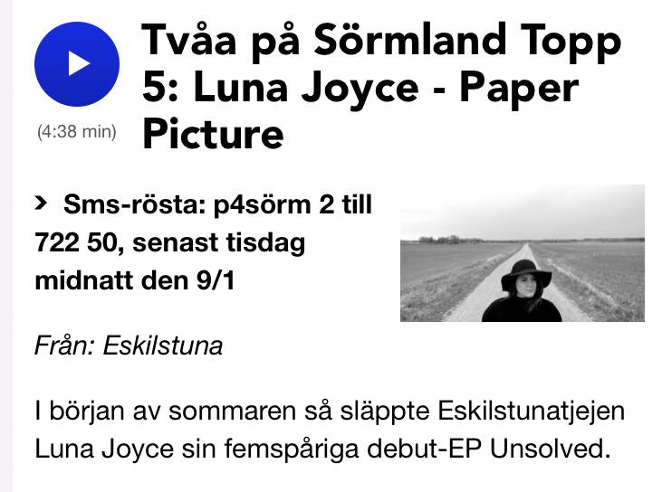 modernshortcuts's tweet photo. Luna Joyce sista vecka på @P4Sormland Sörmland Topp 5. Hjälp till att placera låten på rätt plats; överst på listan!
#lunajoyce #musikevolution https://t.co/N3FCRZjcfE