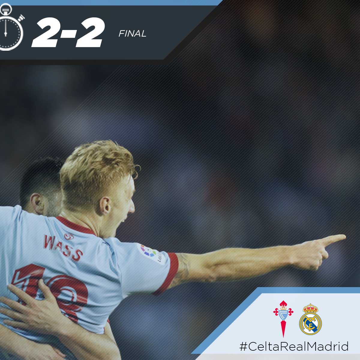 RCCelta's tweet photo. FINAL | 2-2 #CeltaRealMadrid

¡Gran empate ante el Real Madrid con goles de #Wass y @gomez_maxi9! ¡Hala Celta! https://t.co/HsxTSIzR66