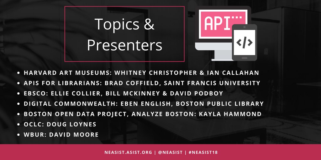 neasist's tweet photo. "API Demonstrations" #NEASIST18 Thank you to all our demo presenters!
@harvartmuseums @SaintFrancisPA @EBSCO @BPLBoston @digicomMA @CityOfBoston @OCLC @WBUR @NNLMNER https://t.co/tC7T1rOjM9