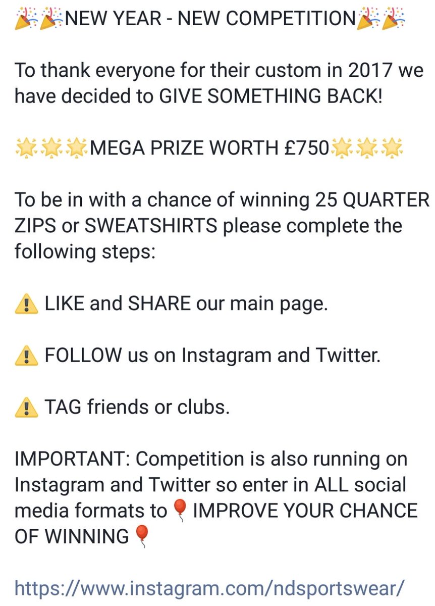 COMPETITION 

WIN 25 TOPS
(valued at £750)

To be in with a chance of winning:

- FOLLOW US ON TWITTER
- RETWEET THIS POST
- IMPROVE YOUR CHANCES AND ENTER IN ALL SOCIAL MEDIA FORMATS

facebook.com/ndsportswear/
instagram.com/ndsportswear/

#ND