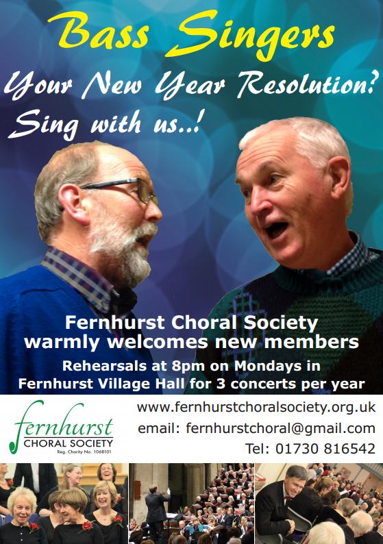 Happy New Year from Fernhurst Choral Society. Our new term starts on Monday 8th January at 8 pm in Fernhurst Village Hall. New members are welcome and we would especially welcome any keen bass singers. Really look forward to seeing you then.