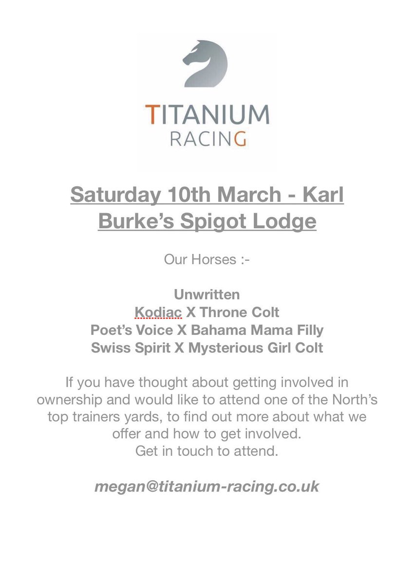 TitaniumRacing_'s tweet photo. Why not join us to find out more about what we offer - we have shares available in our 4 horses @karl_burke’s DM to secure your place! #GetInvolved #StableVisits #FlatSeasonIsComing https://t.co/S6ATWoVoRq