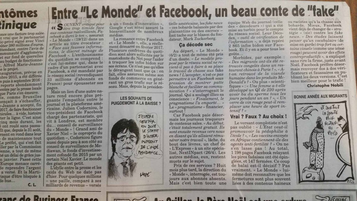 framaka's tweet photo. [GAFA] Sans vouloir jouer les naïfs, je suis quand même sidéré d'apprendre que Facebook rémunère Le Monde et Libération ! Via @decodeurs et @LibeDesintox pour aider à trier les "fake news" #QuestionDePrincipe #QuestionDeConfiance https://t.co/8Kck00XafD