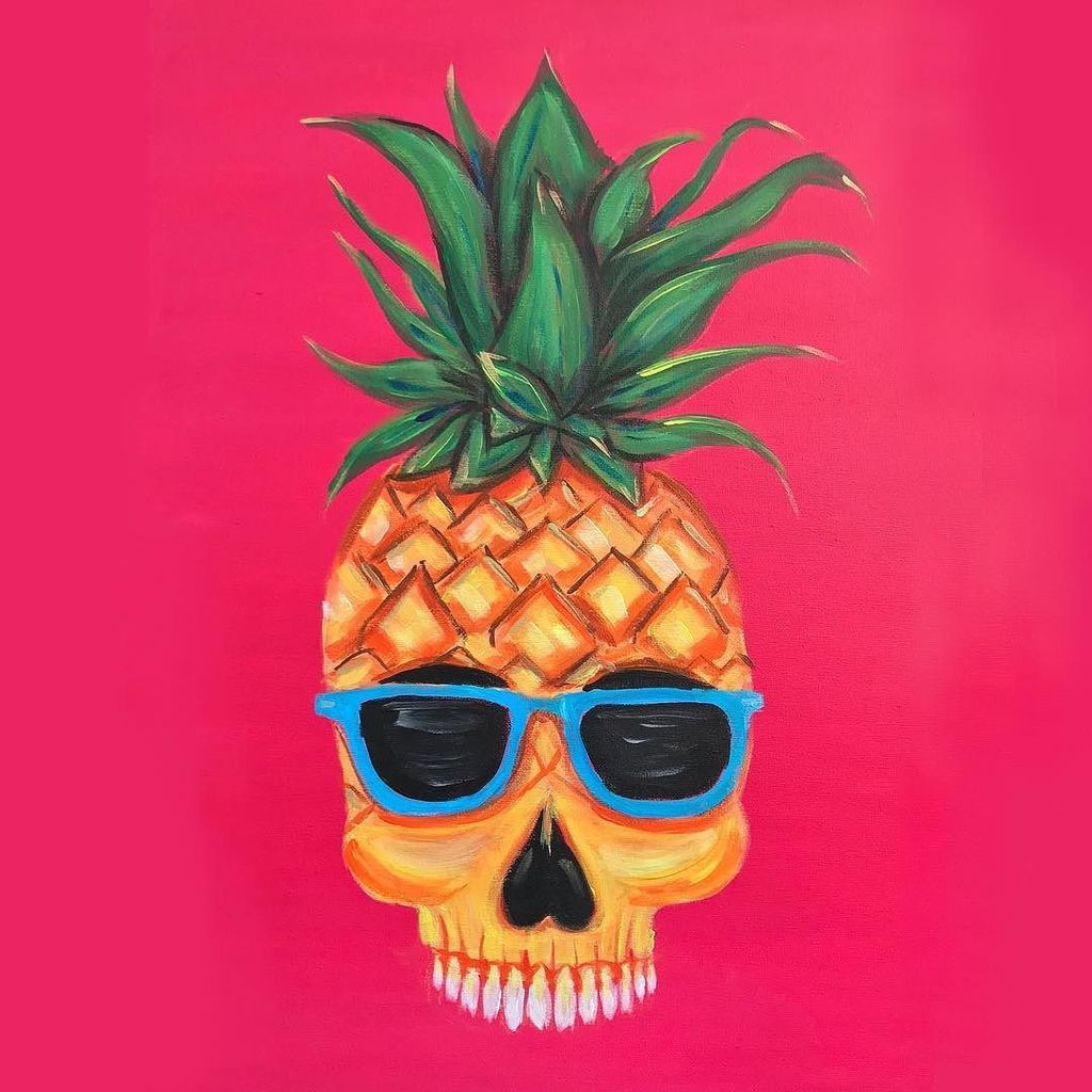 chelzart's tweet photo. “Pineapple Dude” another painting I created for @ThePaintSesh! 💀🍍
.
.
.
#Chelzart #CreatingColorfully #ThePaintSesh #Acrylic #Art #Artist #Freelance #Artwork #Color #FineArt #MyArt #Socal #WestCoast #ArtoftheDay #Painting #Inspiration #MakeArtEveryday #WallArt #CannabisCommu… https://t.co/z01RomnjsF
