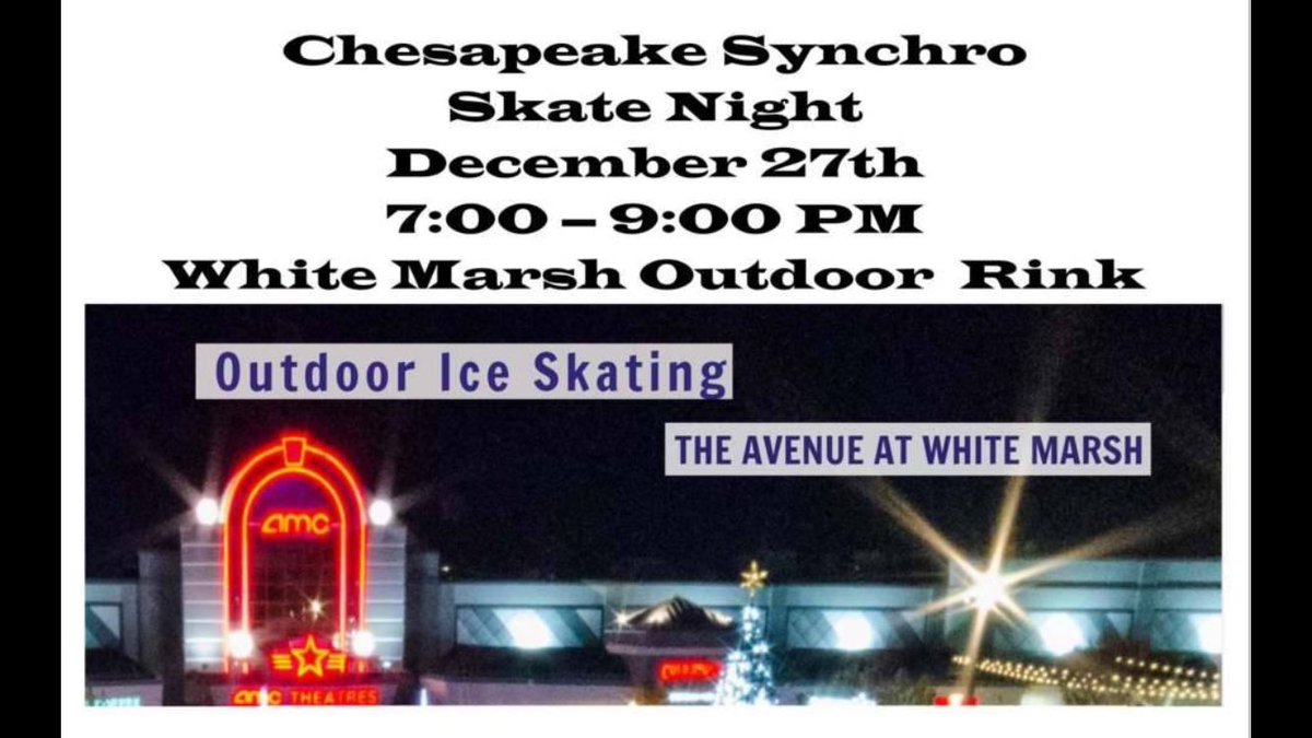 Come join Chesapeake Synchro tomorrow at the avenue in white marsh <a href="/THEAVENUEatWM/">THEAVENUE at WM</a> ice rink! All are welcomed! Just mention you are with Chesapeake Synchro or print out this flyer. Admission to skate is $9 13+, $8 under 12 and seniors, $5 skate rental. #skatetheAvenue