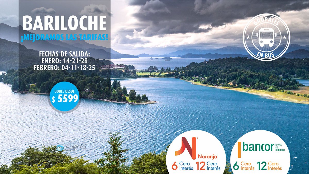 rolling_travel's tweet image. B A R I L O C H E!!! 🌲📢Prepárate para vivir el Verano! 
Abonando con Tarjeta Naranja, Cordobesa y Macro pagá en cuotas sin interés! #RollingTravel La mejor Financiación!
▶️ Salidas en Enero: 14-21-28
▶️ Salidas en Febrero: 04-11-18-25
#AloRolling #Bariloche #Verano