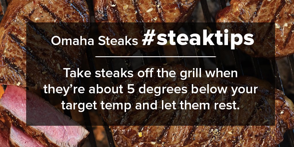 OmahaSteaks's tweet photo. #SteakTip: Take #steaks off the grill when they're about 5 degrees below your target temp and let them rest. They'll come up to temperature during that crucial resting period! π https://t.co/tG9L7msUwn