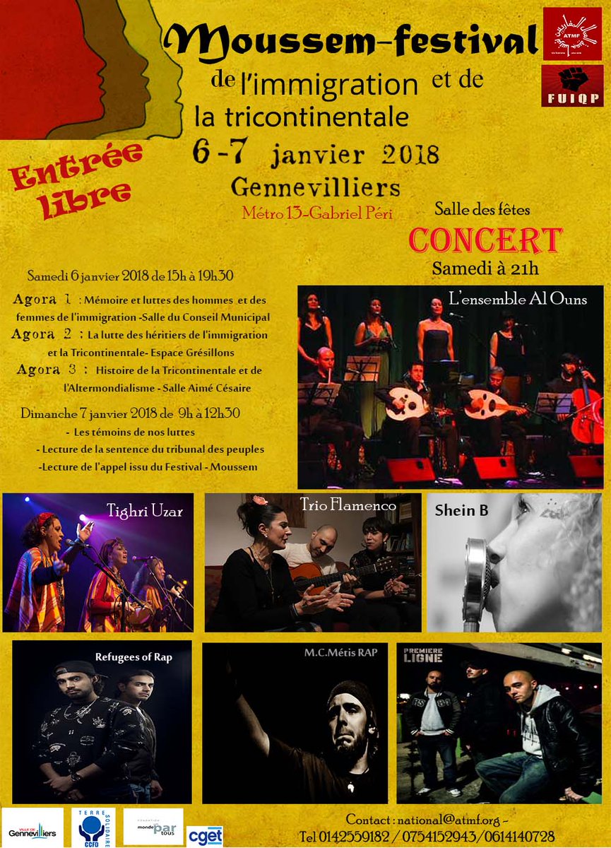 fuiqp59's tweet photo. LA MÉMOIRE AU SERVICES DES LUTTES A VOS AGENDAS LE 6 ET 7 JANVIER 2018 A GENNEVILLIERS MOUSSEM - Festival de l'immigration et de la Tricontinentale https://t.co/nn1j3y4G4O