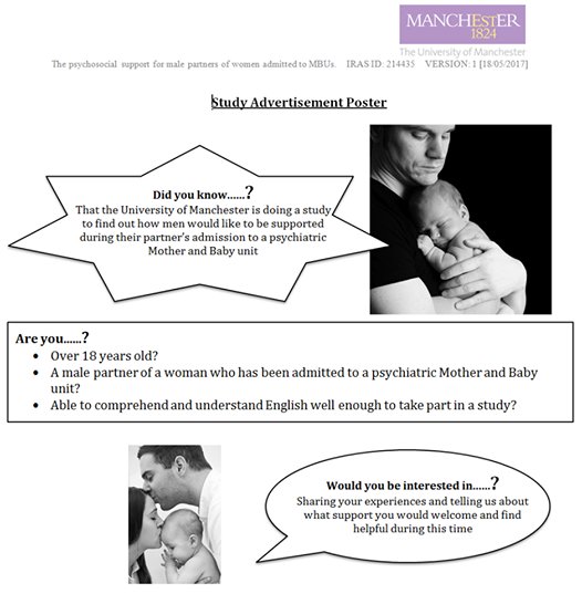 MBUPartners's tweet photo. Calling MALE partners (UK or Worldwide) of women admitted to MBUs for a study by the University of Manchester https://t.co/gHDyphGvnx  https://t.co/Se6CMMdBWz
#dadsmatter #Howareyoudad @dad_matters @Mums_Army @ActionOnPP @MarkWilliamsFMH @BluebellCare @PNDandMe @Mumswellgroup https://t.co/nRS5p0xRxT