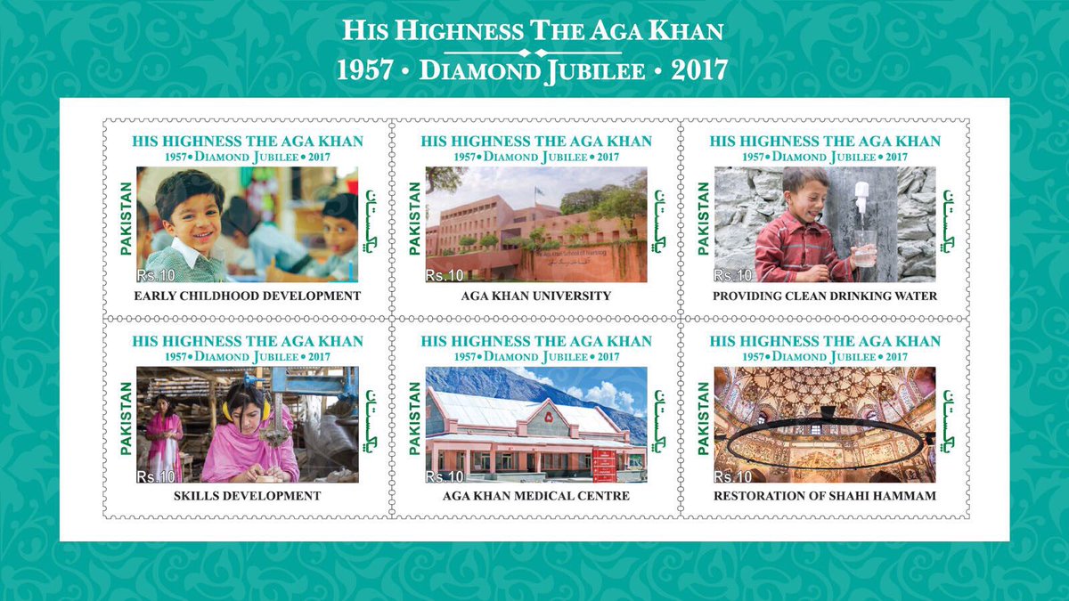 TheIsmaili's tweet image. On 8 Dec 2017, the Government of Pakistan issued a set of stamps to commemorate Mawlana Hazar Imam’s Diamond Jubilee. The stamps were presented by Prime Minister Shahid Khaqan Abbasi to Mawlana Hazar Imam while he was in Islamabad #DiamondJubilee #AgaKhan #OneJamat #PakistanVisit