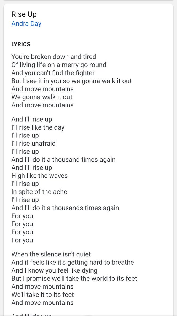 Andra Day Rise Up All We Need Is Hope And For That We Have Each Other Great Song Lyrics Inspirational Songs Rise Up Quotes