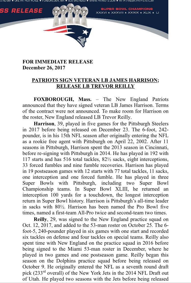 AdamSchefter's tweet photo. James Harrison officially a Patriot: https://t.co/g4ySBDJUVq