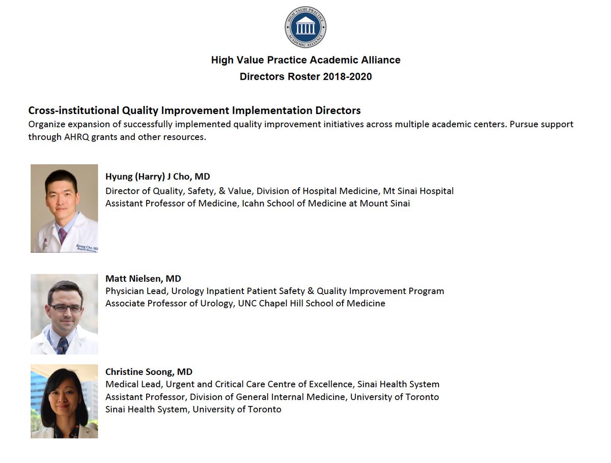 hvpaa's tweet photo. New HVPAA Cross-Institutional Quality Improvement Directors @ChristineSoong @m_e_nielsen @HyungChoMD will lead advancement of successful value-based QI across the 90 @hvpaa academic centers. @uoftmedicine @UNCurology @UNC_Health_Care @HighValueCare @MountSinaiNYC  #highvaluecare https://t.co/NjpS5LBvQV