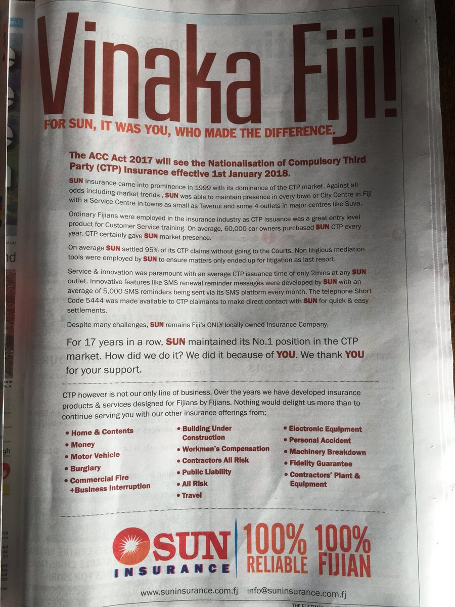 GeoffreyFiji's tweet photo. Vinaka Sun. #suninsurance #loleshsharma #thirdpartyfiji #carinsurance https://t.co/lZKcP9VHPF