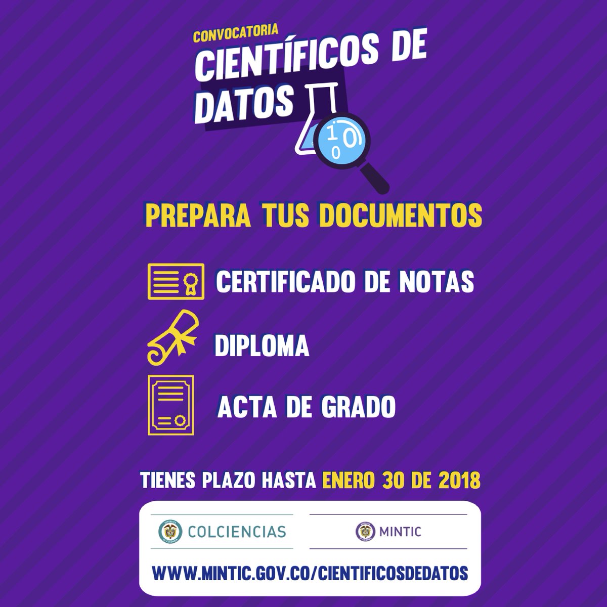 Con el <a href="/Ministerio_TIC/">Ministerio TIC</a>, <a href="/Colciencias/">Tobillo Gomez</a> y <a href="/AlianzaCAOBA/">Alianza CAOBA</a>, 200 colombianos se formarán como #CientíficosDeDatos. Sé uno de ellos.  Amplía la información en ⇝ bit.ly/2j2hN9E