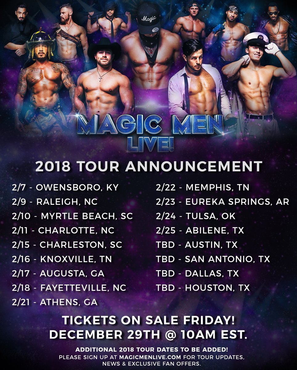 magicmenlive's tweet photo. ๐ TOUR ANNOUNCEMENT & GIVEAWAY! ๐
Our first 2018 tour dates are here, and go on sale Friday at 10AM EST! MARK YOUR CALENDARS!
To celebrate, we're giving away 25 free pairs of Premium Seat tickets! To enter, just RT with the hashtag #MagicMen2018 for a chance to win! https://t.co/1XsnftUT2a