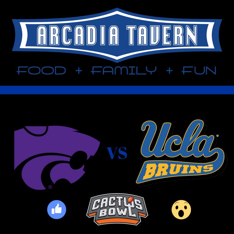 ArcadiaTavern's tweet photo. It's #HappyHour! 

Come watch #KansasState take on #UCLA in the #CactusBowl! 

#college #football #ncaafootball #localrestaurant #sportsbar #deals #gametime #phoenix #az #scottsdale #phoenixrestaurants #goodeats #ArcadiaTavern #localfood #localbusiness #bringthefamily #localcans https://t.co/kRURBAeiEy