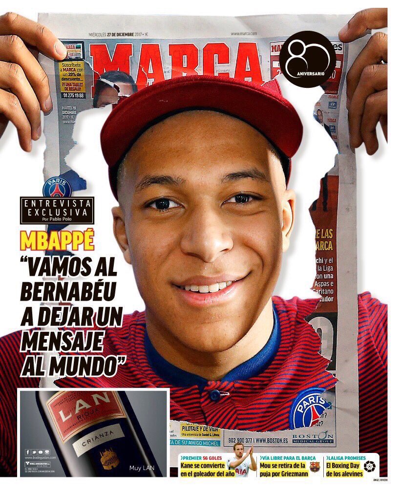 Footballogue's tweet photo. [#Décla💬] Mbappé: "Nous irons au Bernabeu pour envoyer un message au Monde."

[Marca 🗞] https://t.co/c6qGkbLo2R