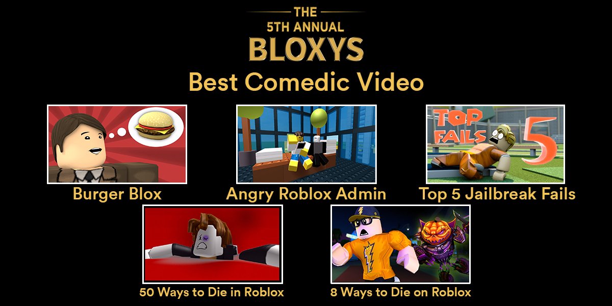 Roblox On Twitter So These Nominees For Best Comedic Video All Walk Into The Bloxyawards And While We Try To Think Of A Punchline Reply With Your Favorite Nominee Https T Co Ofhcjdgdod - roblox 5th annual roblox bloxy awards houriya media