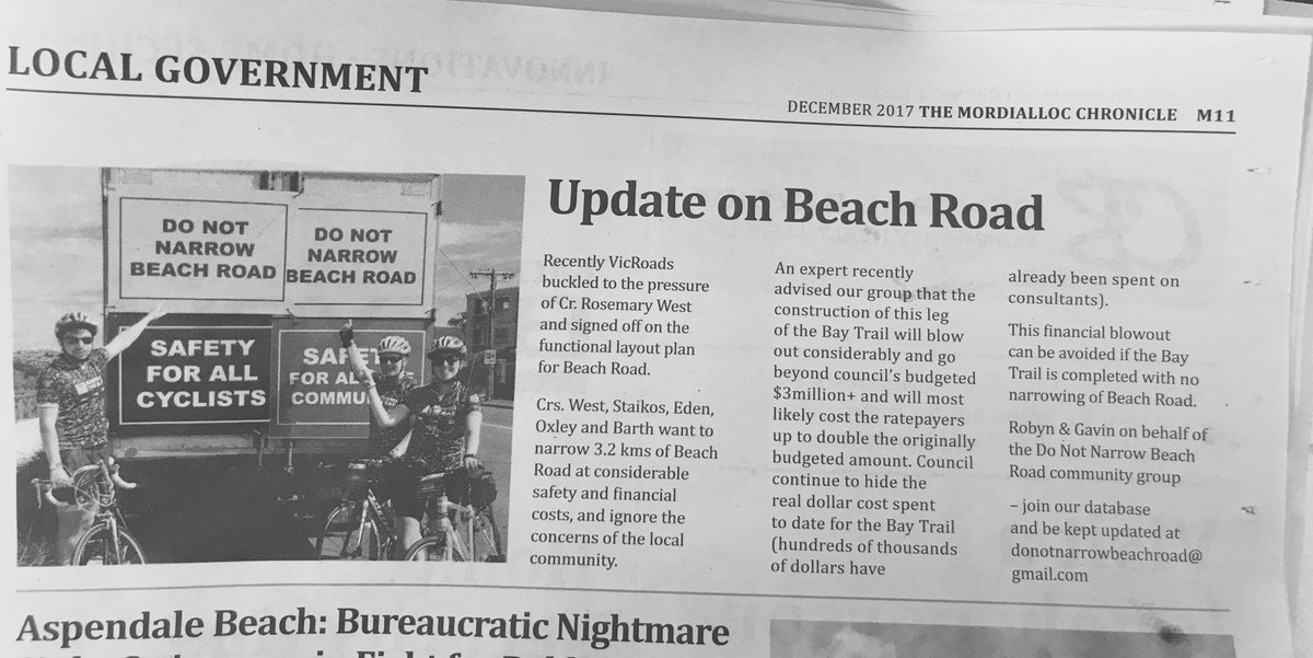 To narrow Beach RD is to place beach visitors , cyclists , residents and drivers at risk! This is not just an issue for Kingston ratepayers. Why is the State Government Minister for Roads not intervening now? #springst @CoalitionVic <a href="/mordialloc/">Rosemary Anderson</a> chronicle