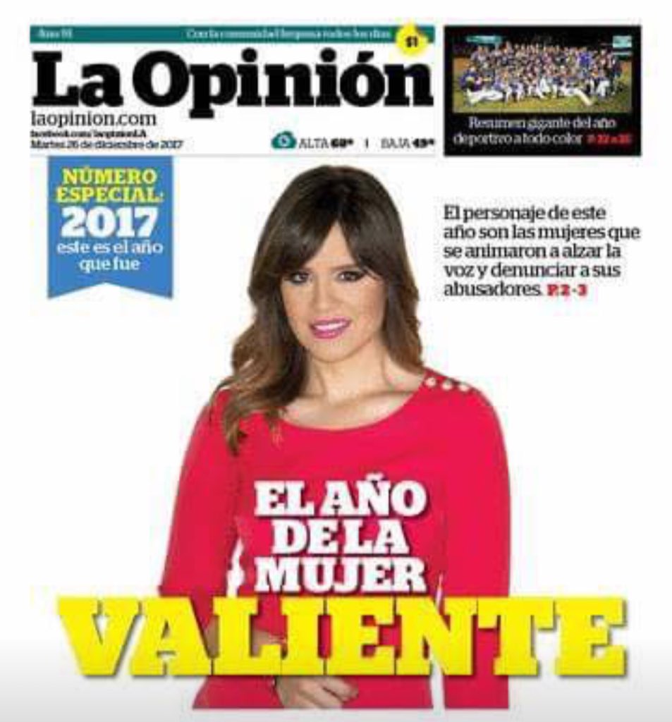 KarlaAmezola's tweet photo. The year of the brave woman. Today’s special edition of @LaOpinionLA. No es solo Karla Amezola esta portada representa a todas las latinas que pedimos un alto al acoso sexual. #YoTambién #MeToo El año de la mujer valiente. https://t.co/BvkY3w0Lq8