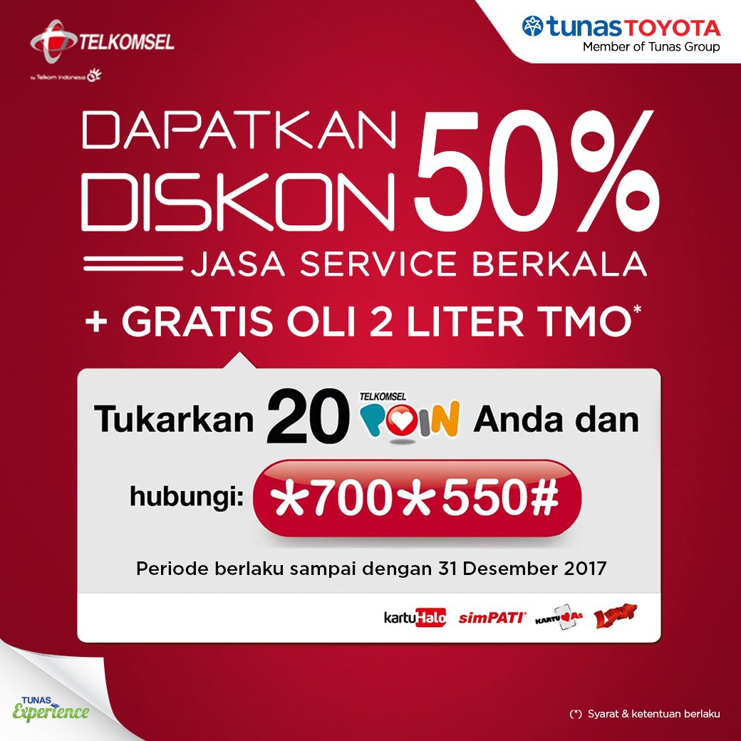 Akhir bulan pengen dong bayar service lebih murah? Tukar Telkomsel Poin mu dan dapatkan diskon 50% Jasa Service + free 2 Lt oli di Tunas Toyota. Buruan sebelum 31 Desember 2017 #TunasExperience