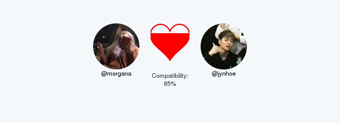msrgana's tweet photo. My love compatibility with @jynhoe is 85%

Calculated with https://t.co/9vRo37B0JG

. https://t.co/hRdZeqr4ou